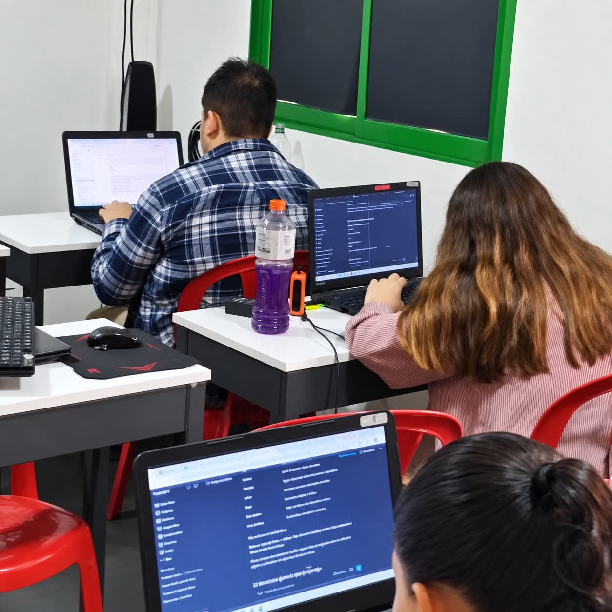 Estudiantes practicando en sus laptops durante el curso de Excel